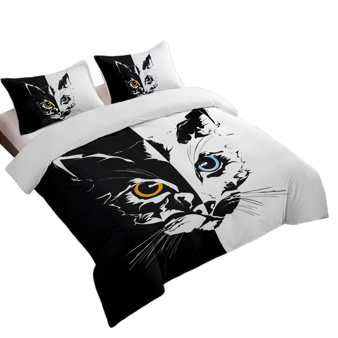 Black and White Tough Cat Face Yellow VS Blue Duvet Cover Queen