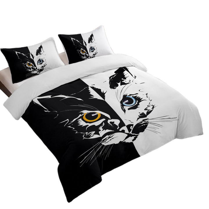 Black and White Tough Cat Face Yellow VS Blue Duvet Cover Queen
