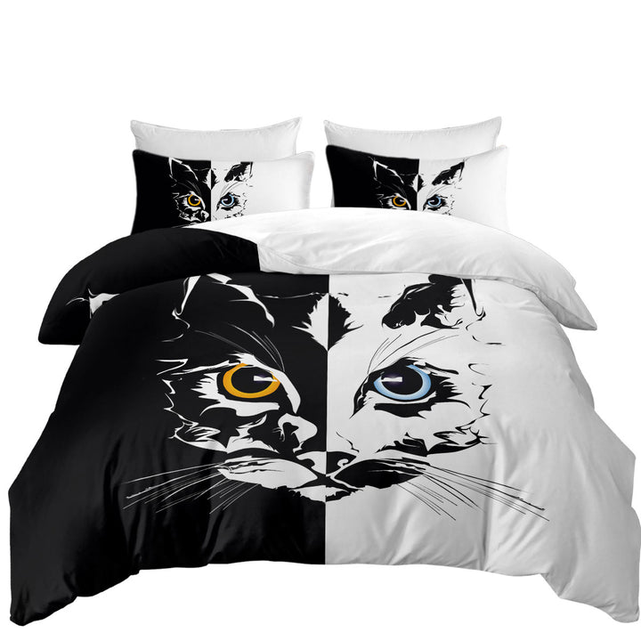 Black and White Tough Cat Face Yellow VS Blue Duvet Covers King