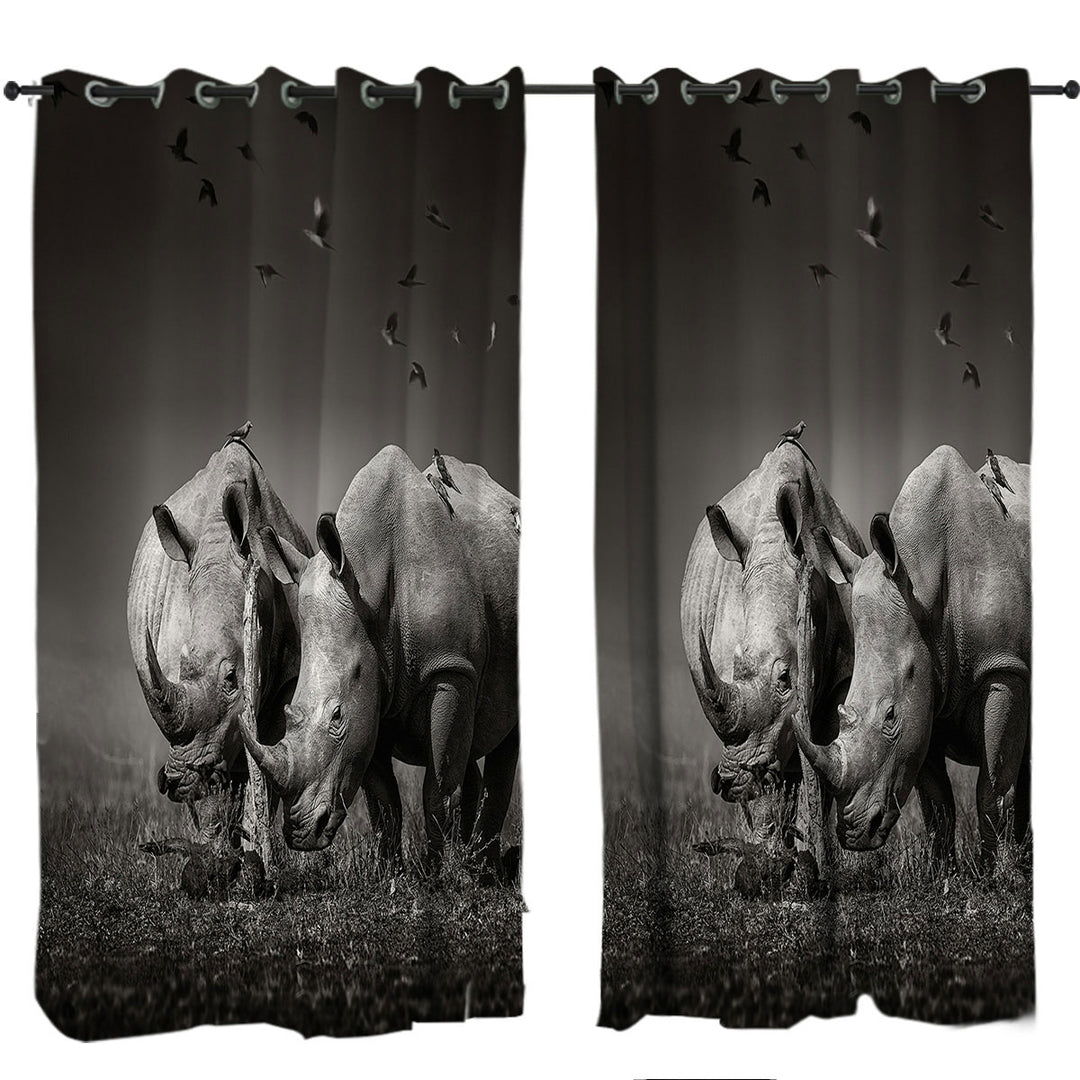 Black and White Wild Rhinos Curtain