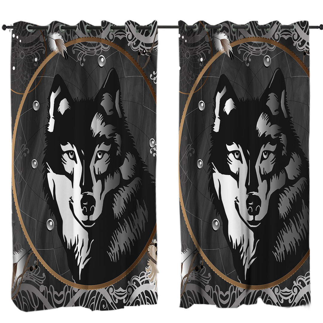 Black and White Wolf Portrait Curtains
