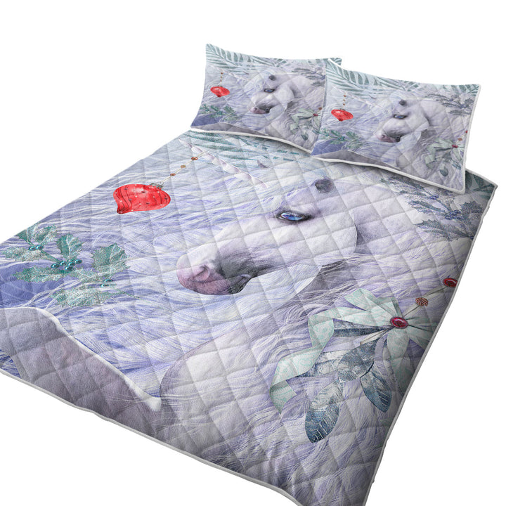Blue Eyes Christmas White Unicorn California King Quilt Sets