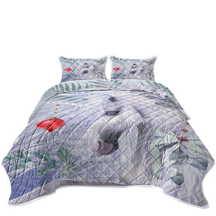 Blue Eyes Christmas White Unicorn Quilt