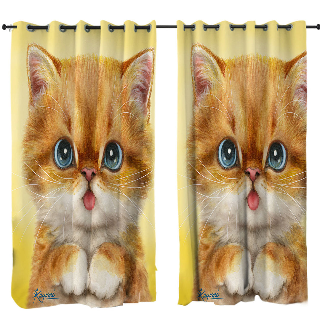 Blue Eyes Ginger Kitty Cat Curtains for Bedroom