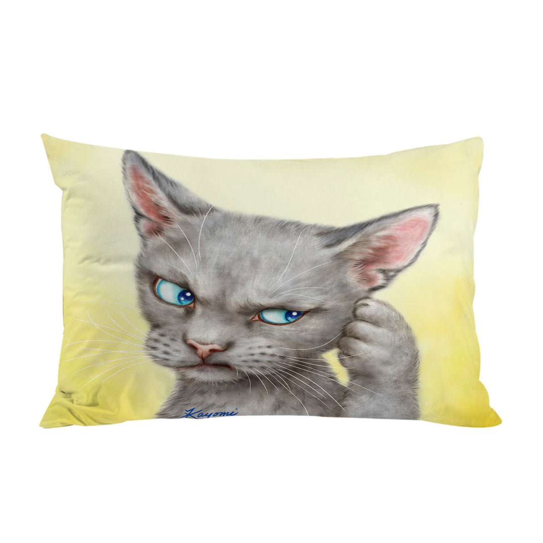 Blue Eyes Grey Kitty Cat Over Yellow Pillowcase