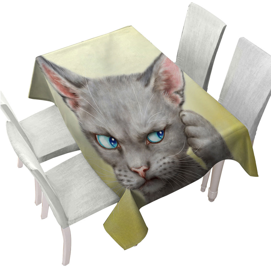 Blue Eyes Grey Kitty Cat Over Yellow Tablecloth