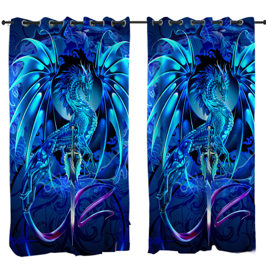 Blue Fantasy Weapon Dragon Sword Sea Blade Drapes for Living Room