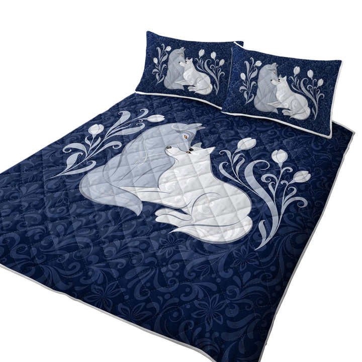 Blue Flowers and Wolves California King Quilt Sets