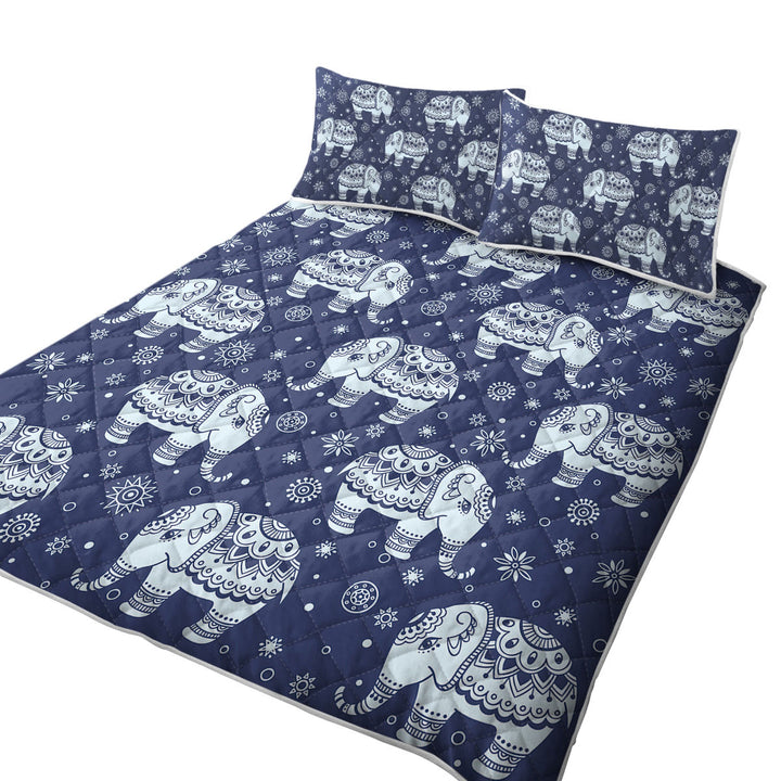 Blue Indian Elephant Pattern King Size Quilt Sets