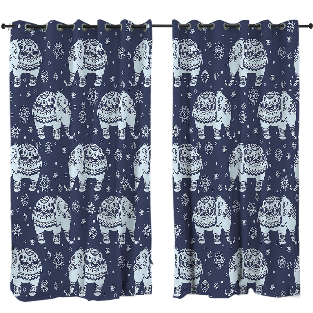 Blue Indian Elephant Pattern Window Curtains