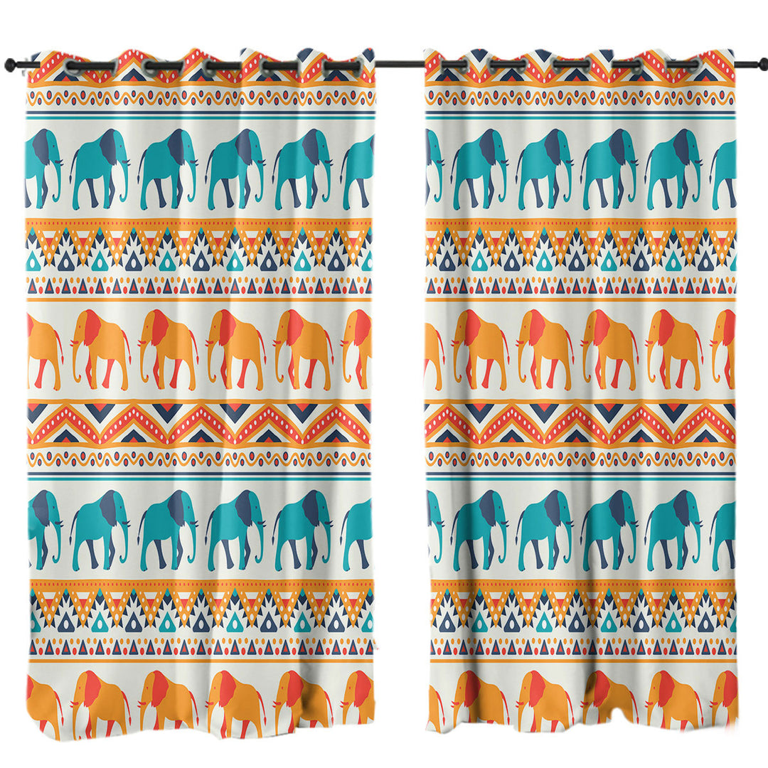 Blue Orange Elephants on African Design Curtains for Living Room