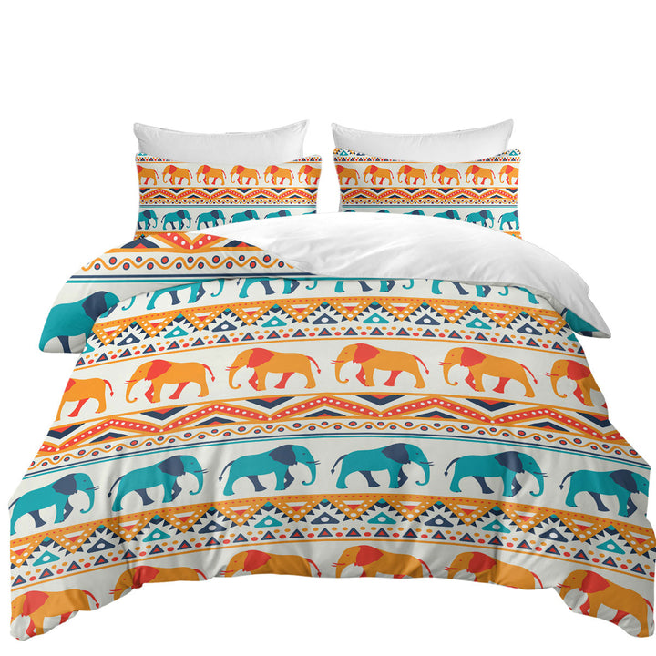 Blue Orange Elephants on African Design King Duvet Cover set