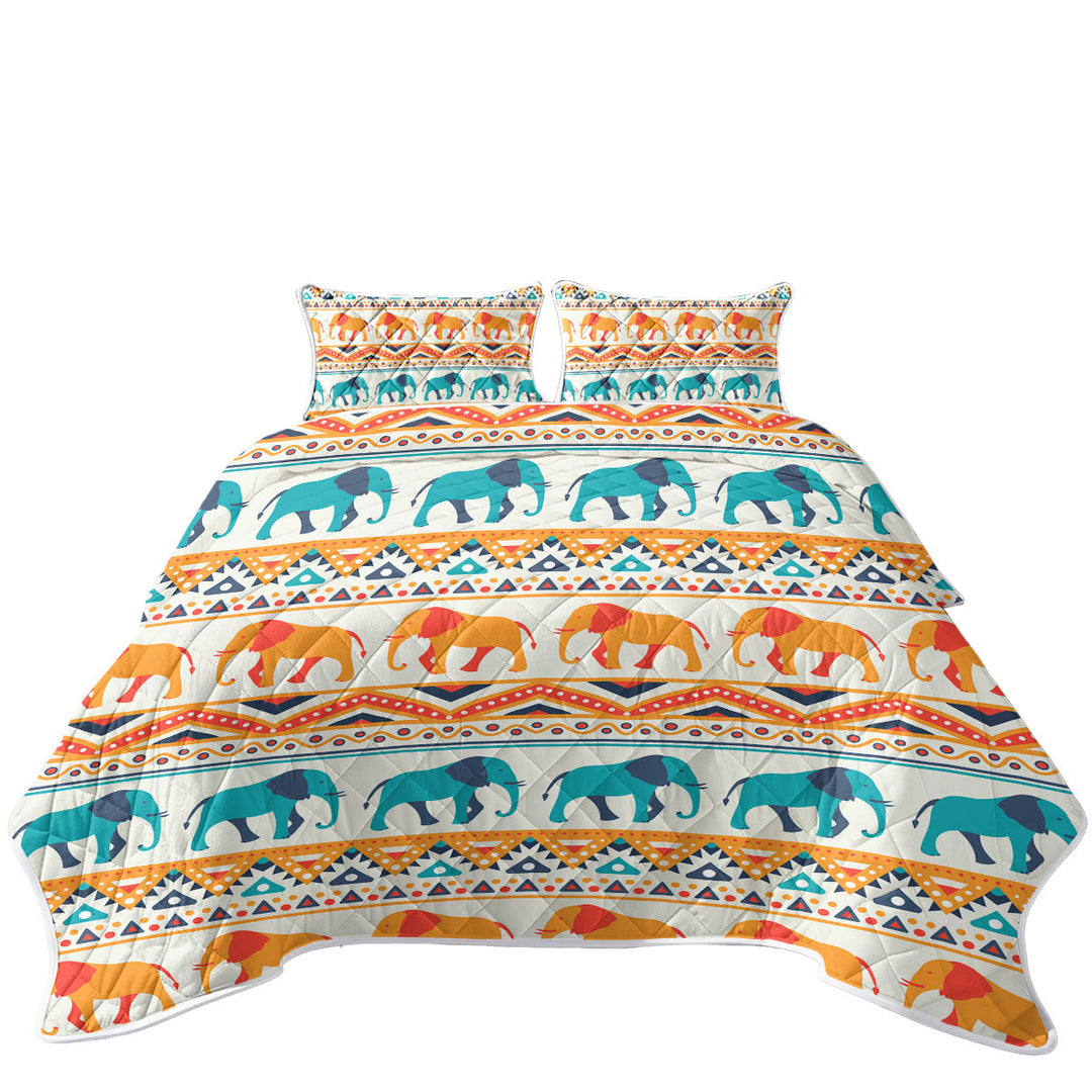 Blue Orange Elephants on African Design Quilt