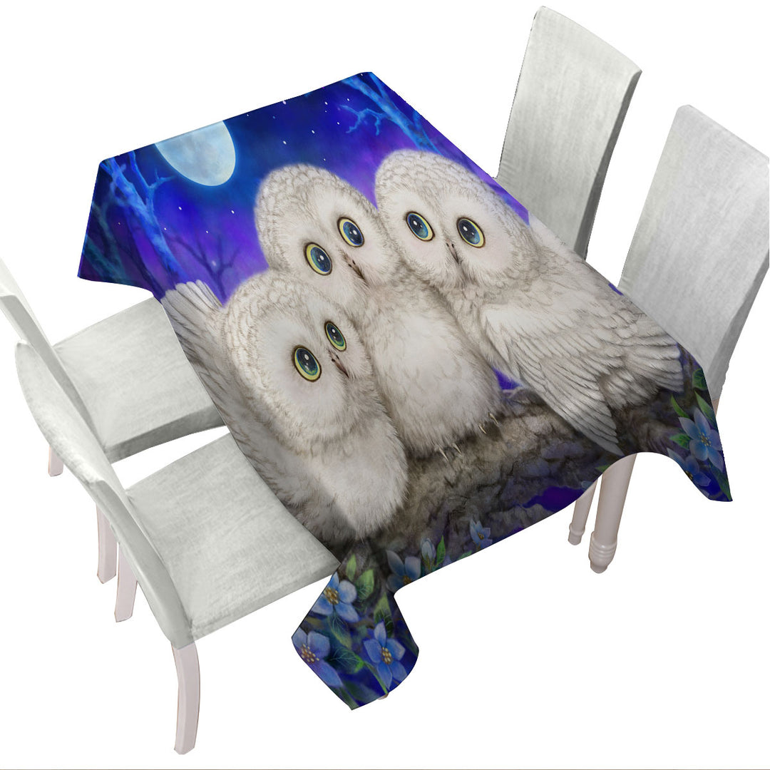 Blue Purple Moonlight Forest Owl Triplets Custom table cloth
