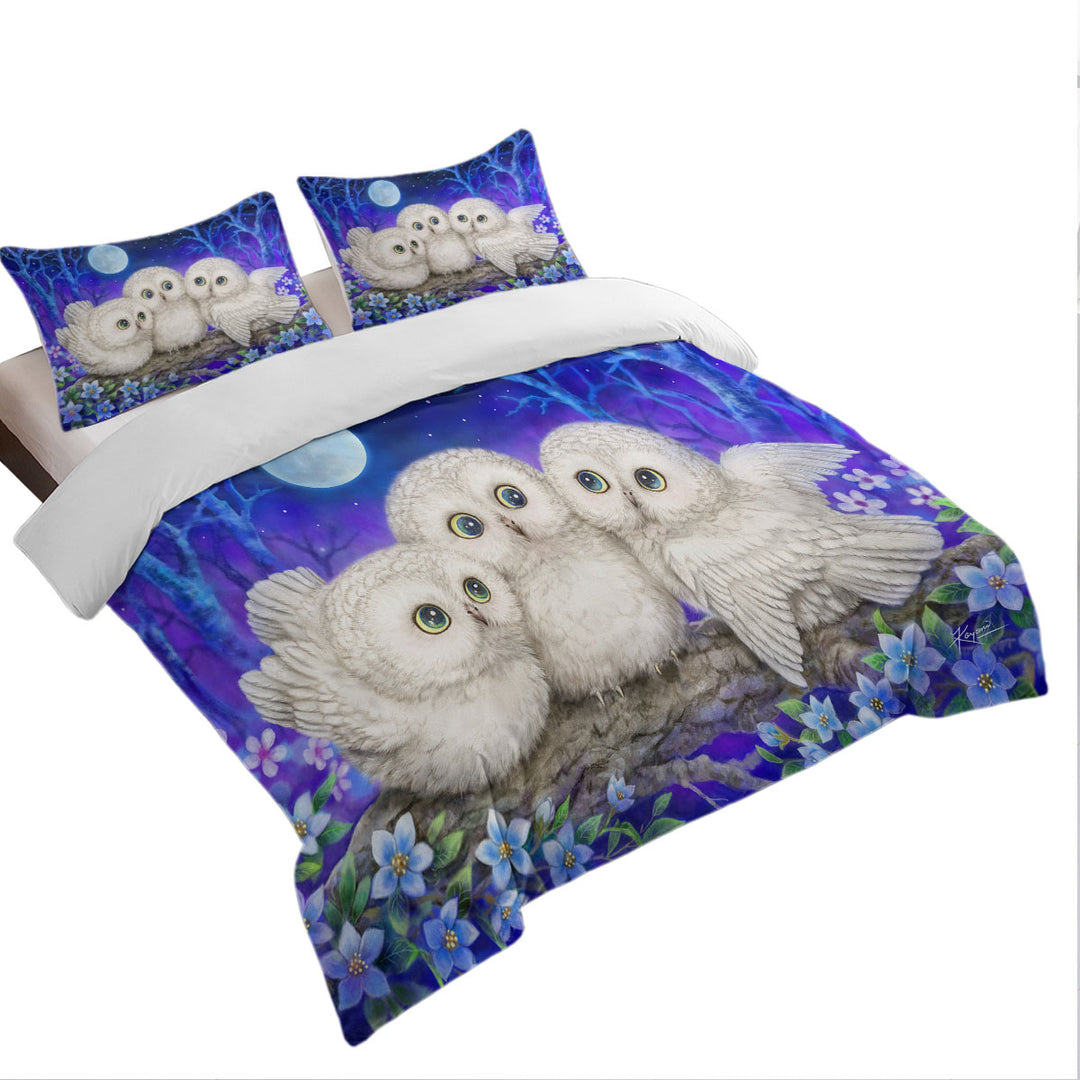 Blue Purple Moonlight Forest Owl Triplets Duvet Cover Queen