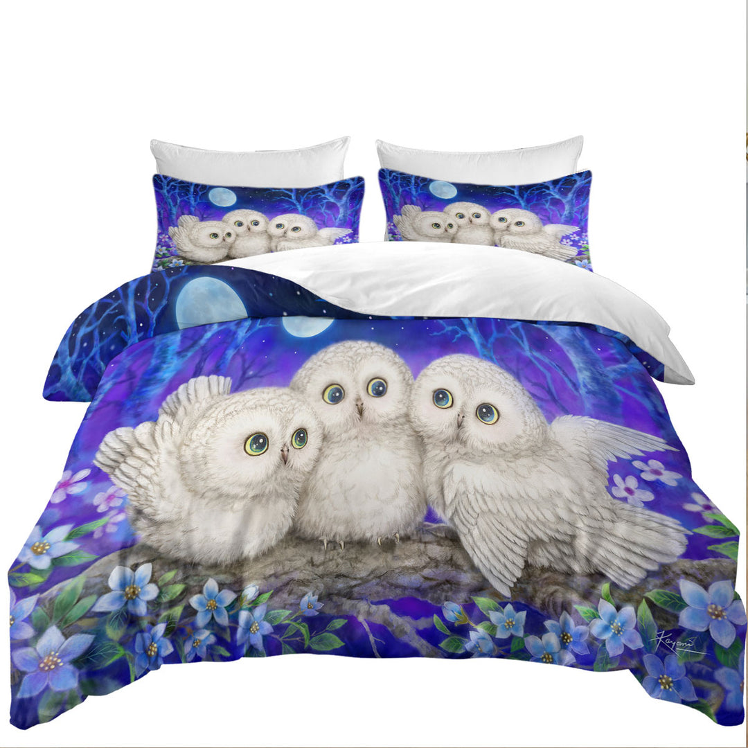 Blue Purple Moonlight Forest Owl Triplets Duvet Covers King