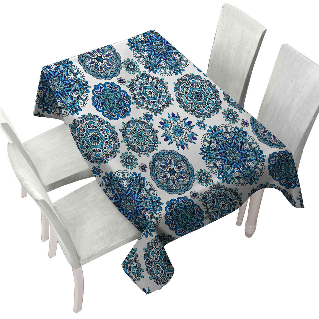 Blue Turquoise Snowflakes Mandalas Table Cover