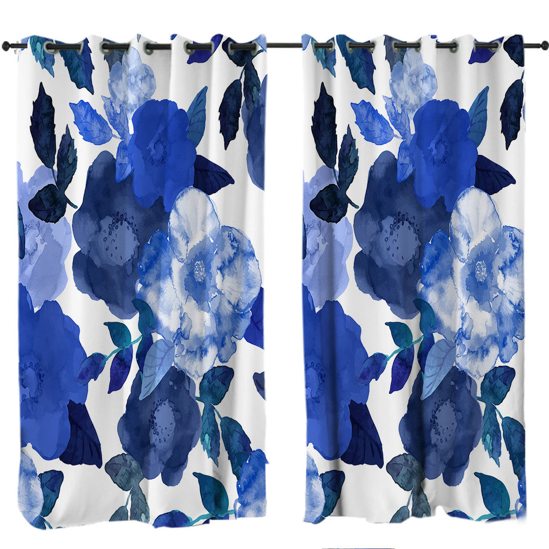 Blue Water Colored Flowers Drapes and Curtains