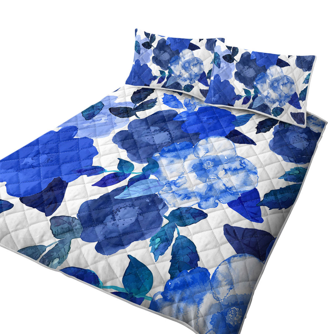 Blue Water Colored Flowers King Size Quilt