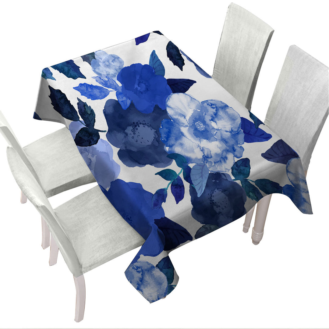 Blue Water Colored Flowers Tablecloth