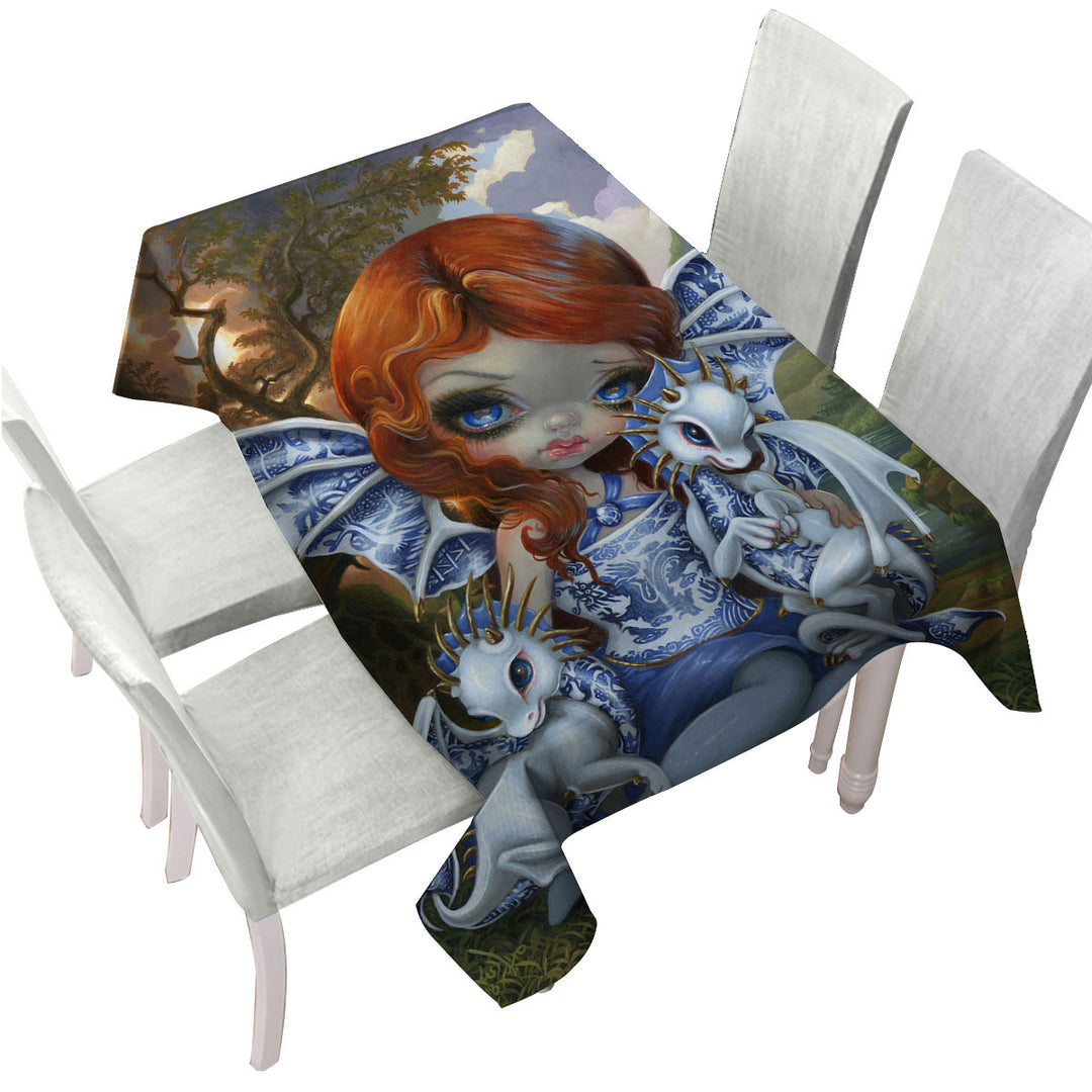 Blue Willow Dragonlings Redhead Dragon Fairy Tablecloth