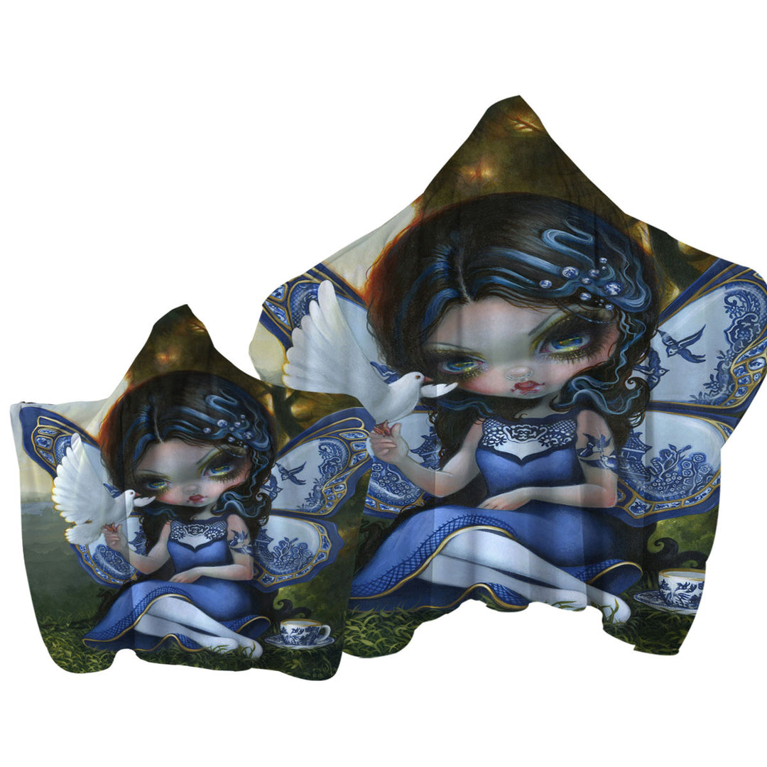 Blue Willow Fairy Porcelain Winged Fairy Hooded Beach Towel
