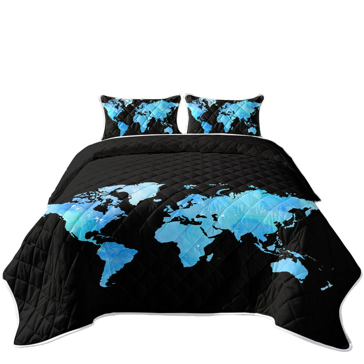 Blue World Map California King Quilt Sets
