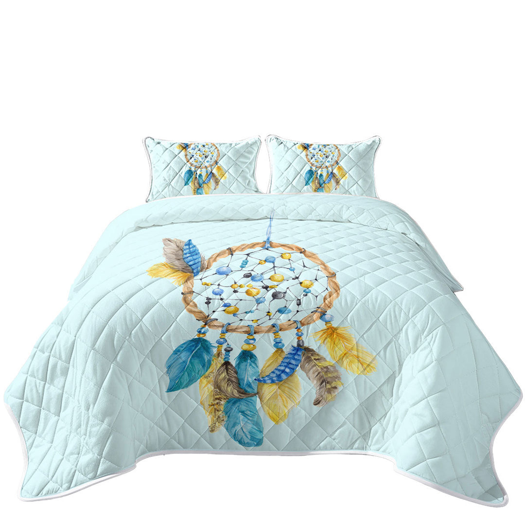 Blue and Yellow Feathers Dream Catcher California King Quilt Sets