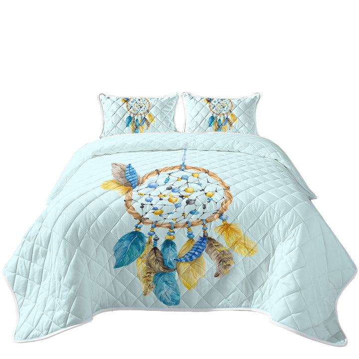 Blue and Yellow Feathers Dream Catcher California King Quilt Sets