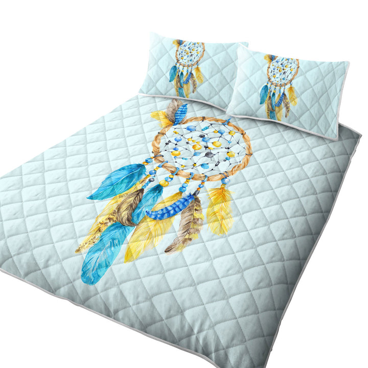 Blue and Yellow Feathers Dream Catcher King Size Quilt Sets