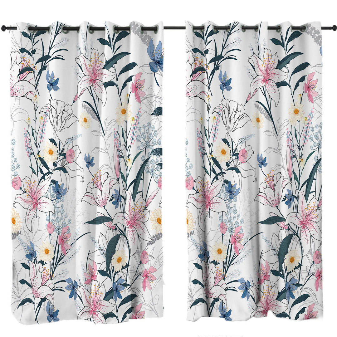 Bluish Pinkish Floral Drawing Curtain