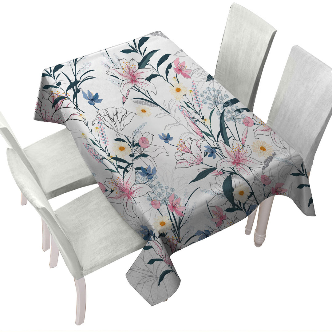 Bluish Pinkish Floral Drawing Tablecloth