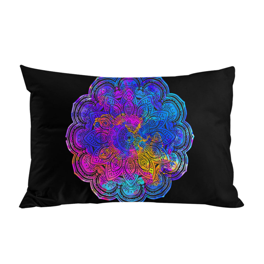 Bluish Reddish Mandala over Black Pillowcase