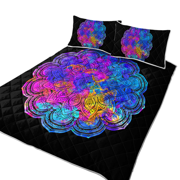 Bluish Reddish Mandala over Black Quilt
