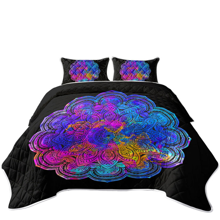 Bluish Reddish Mandala over Black Twin Quilt
