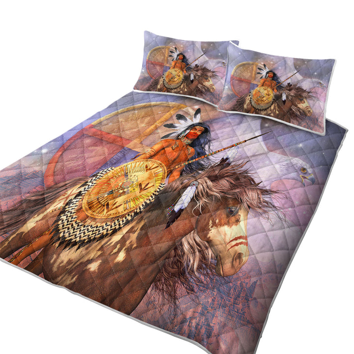 Brave Native American Warrior Eagle and Horse Coverlet