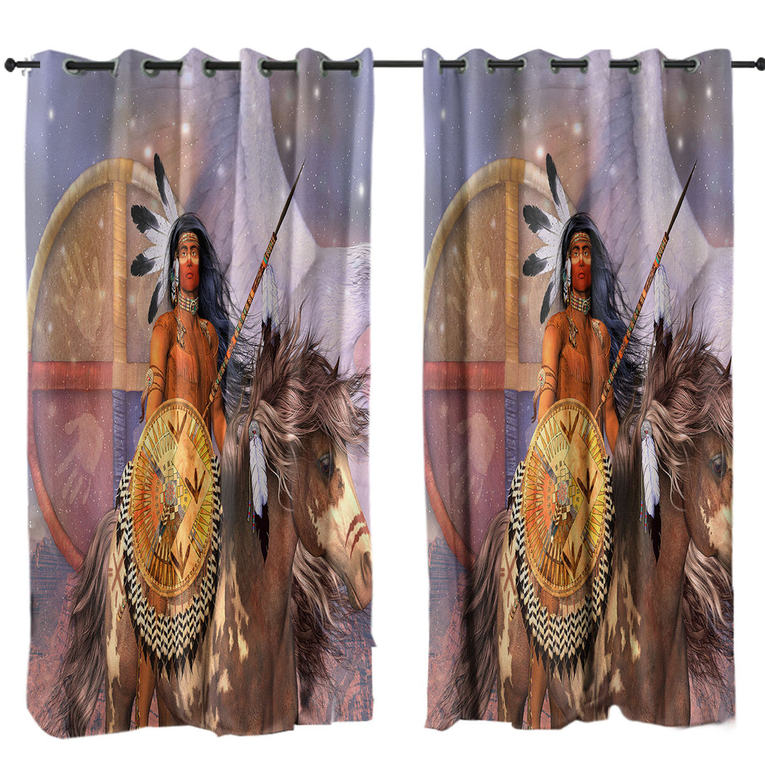 Brave Native American Warrior Eagle and Horse Curtains for Living Room