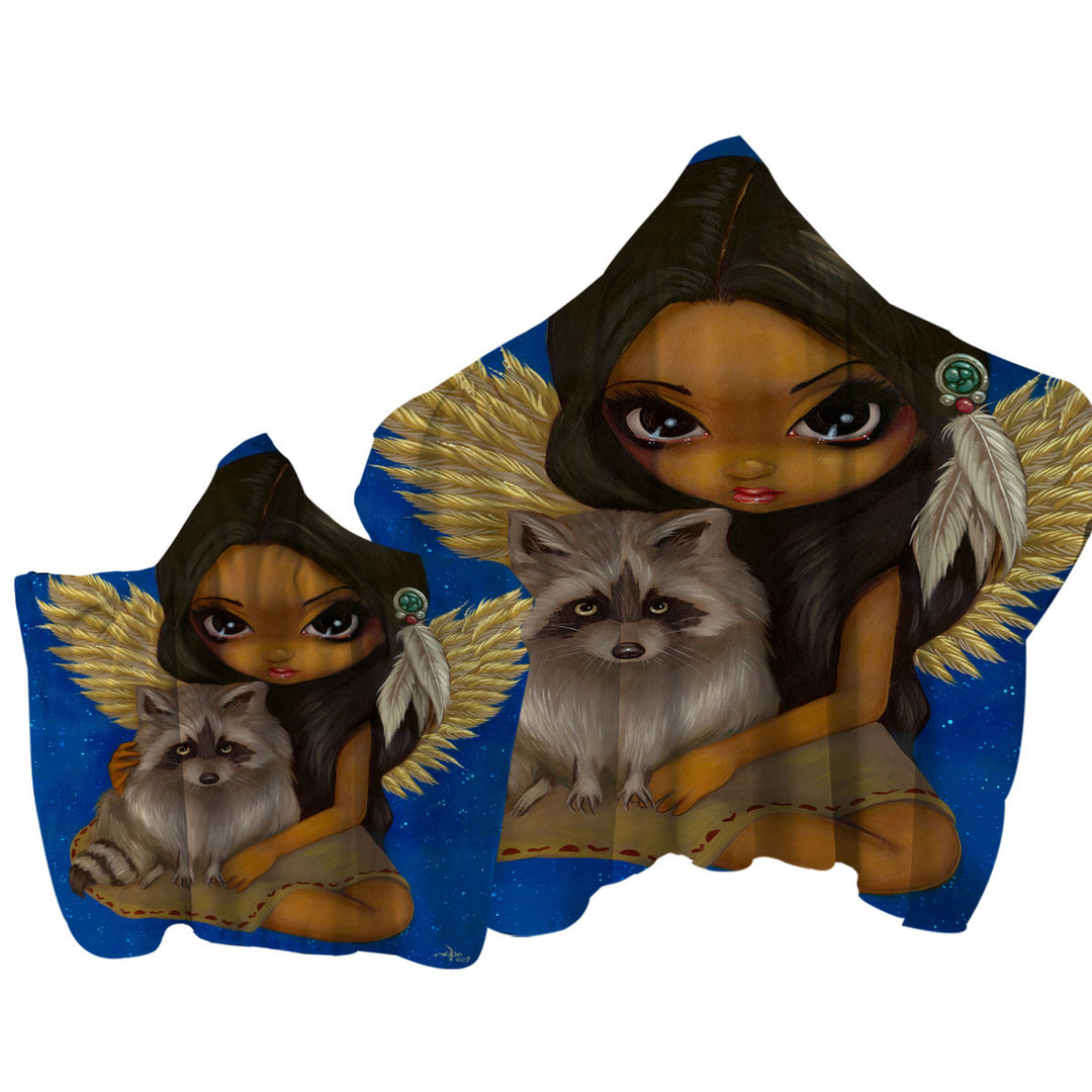 Brother Raccoon Native American Angel Hooded Beach Towel
