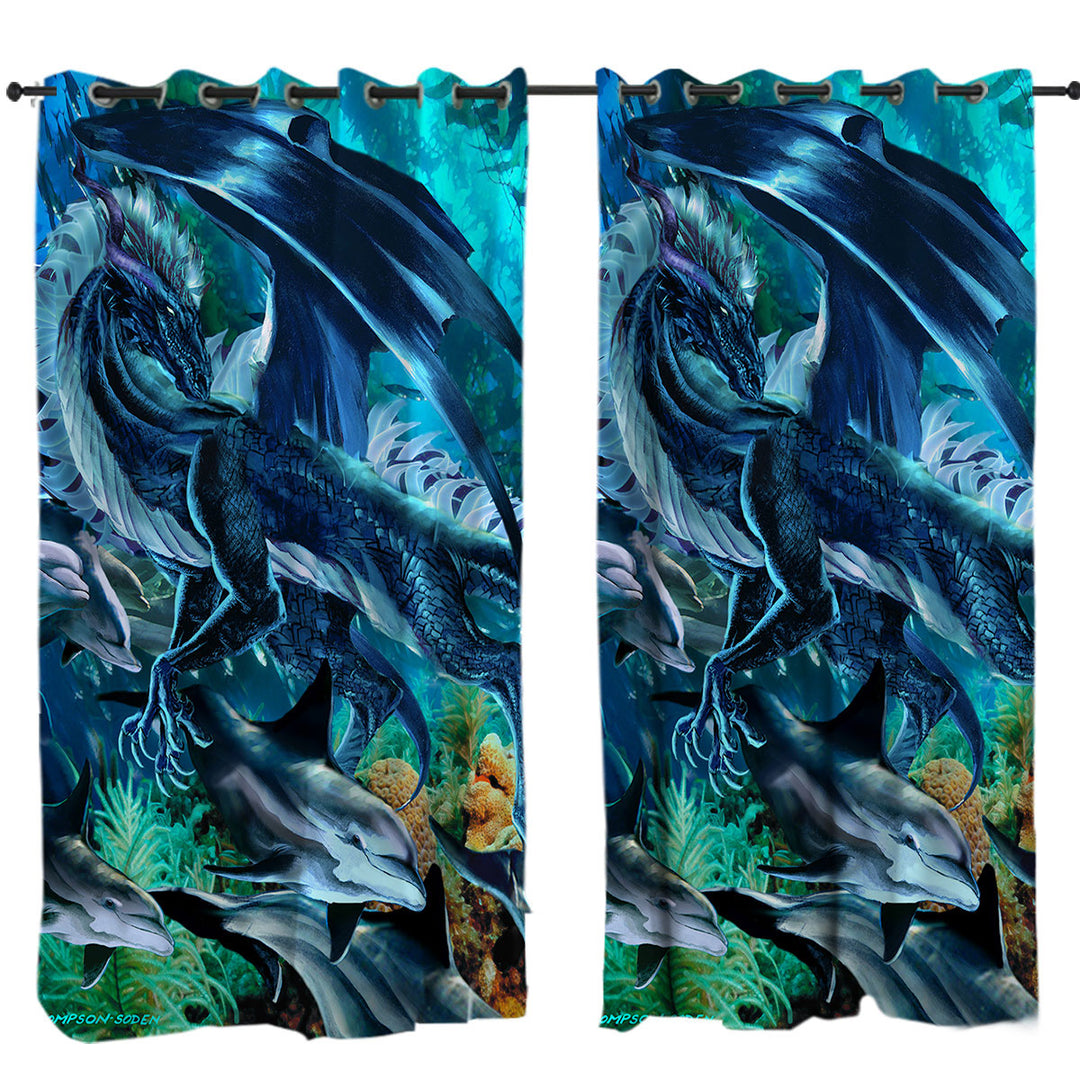 Brothers of the Sea Fantasy Dragon and Dolphins Window Curtains
