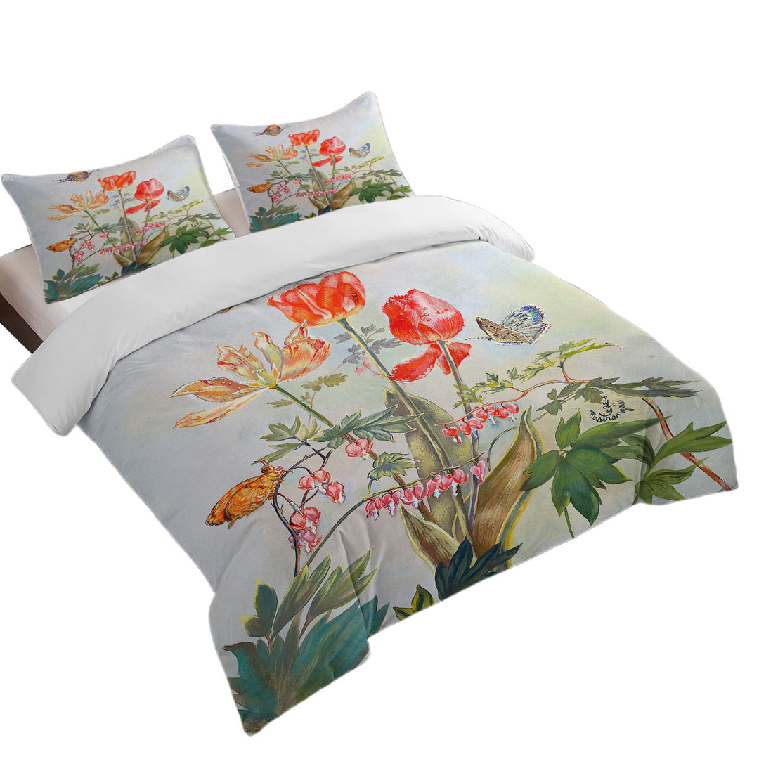 Butterflies and Flowers Art Bleeding Hearts and Tulips Coverlets