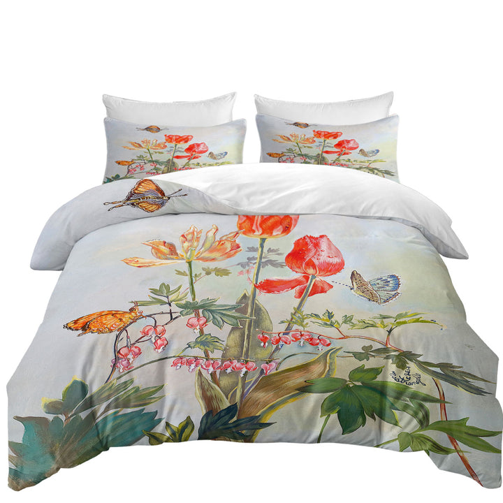 Butterflies and Flowers Art Bleeding Hearts and Tulips Duvet Cover