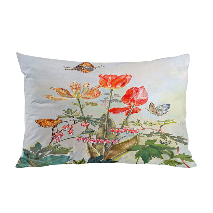 Butterflies and Flowers Art Bleeding Hearts and Tulips Pillow Cases