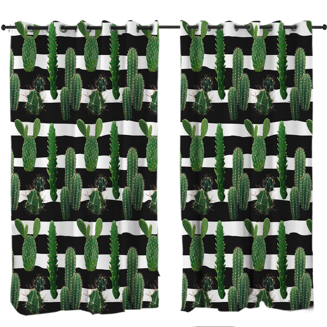 Cactus over Black and White Stripes Curtains for Living Room