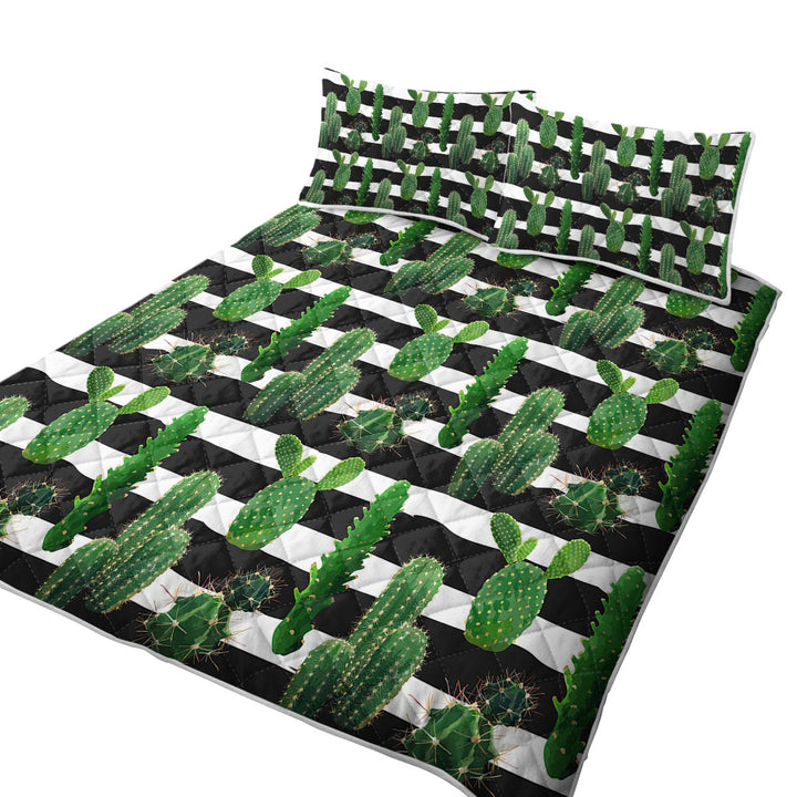 Cactus over Black and White Stripes Quilt