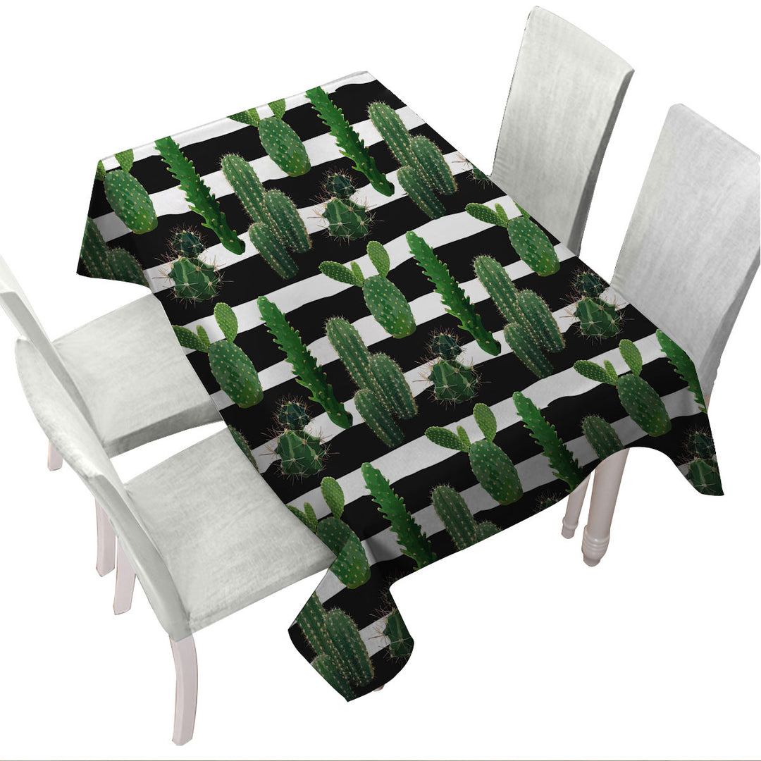Cactus over Black and White Stripes Tablecloths