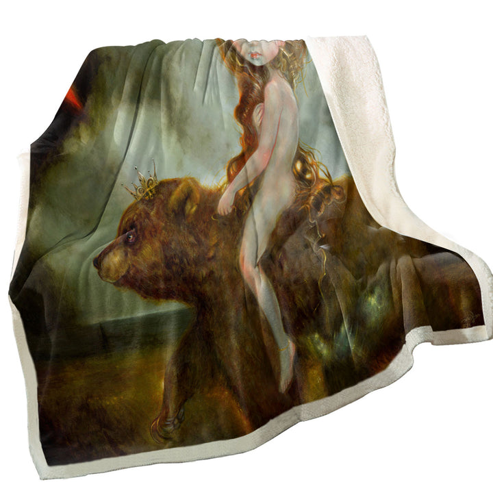 California Godiva Lady Riding a Bear Sherpa Blanket