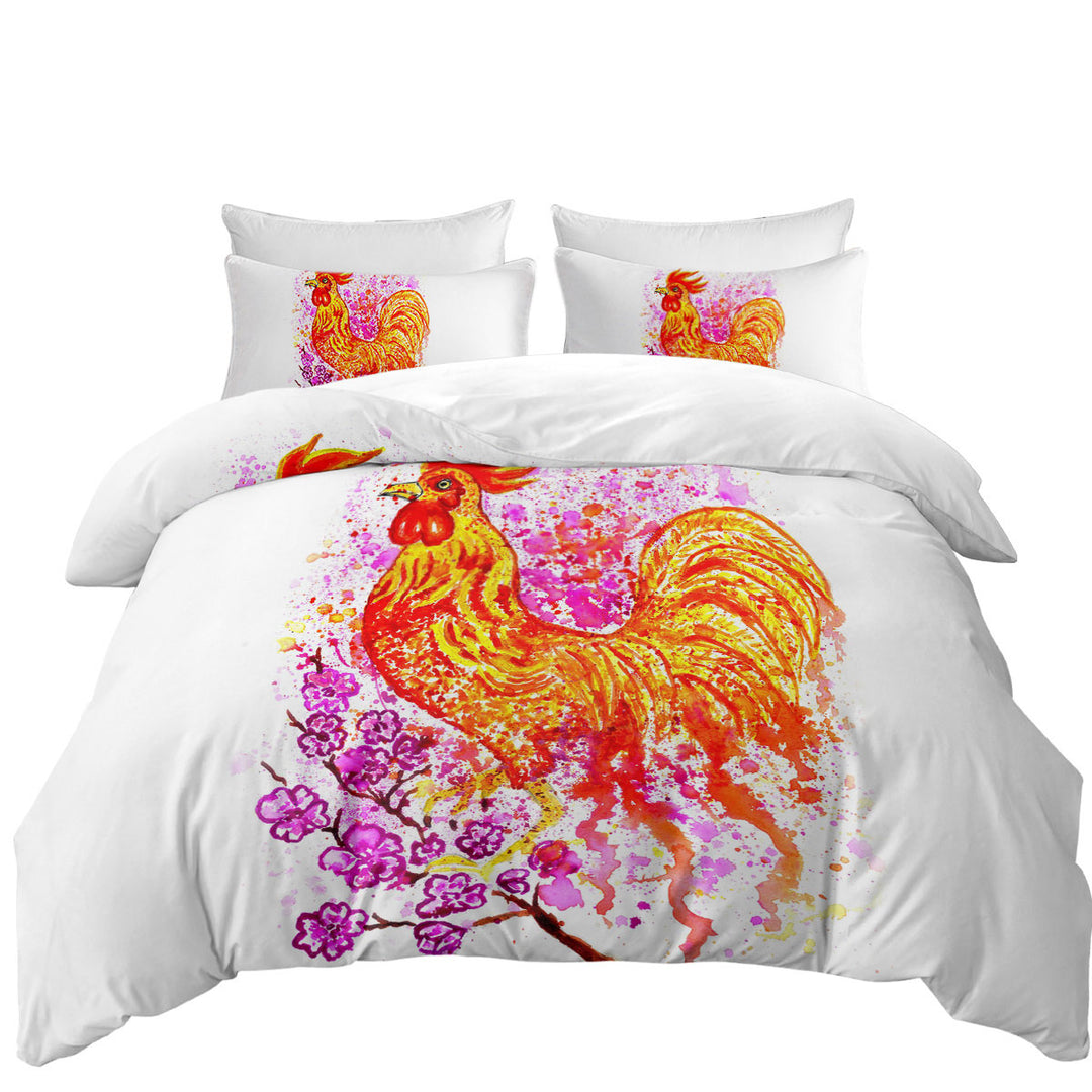 California King Duvet Cover with Art Painting Pink Flowers and Fire Rooster