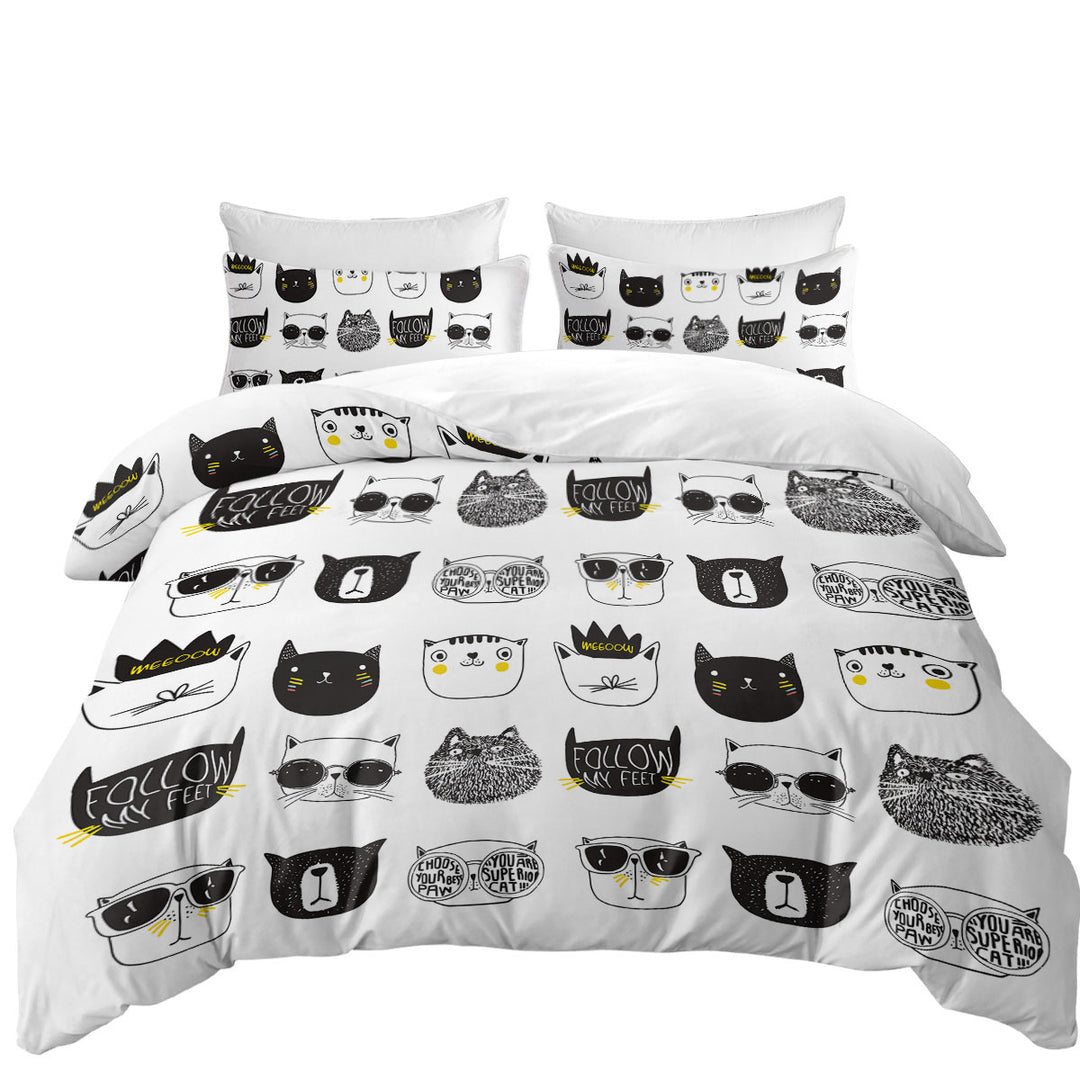 California King Duvet Cover with Cool Black and White Cat Faces