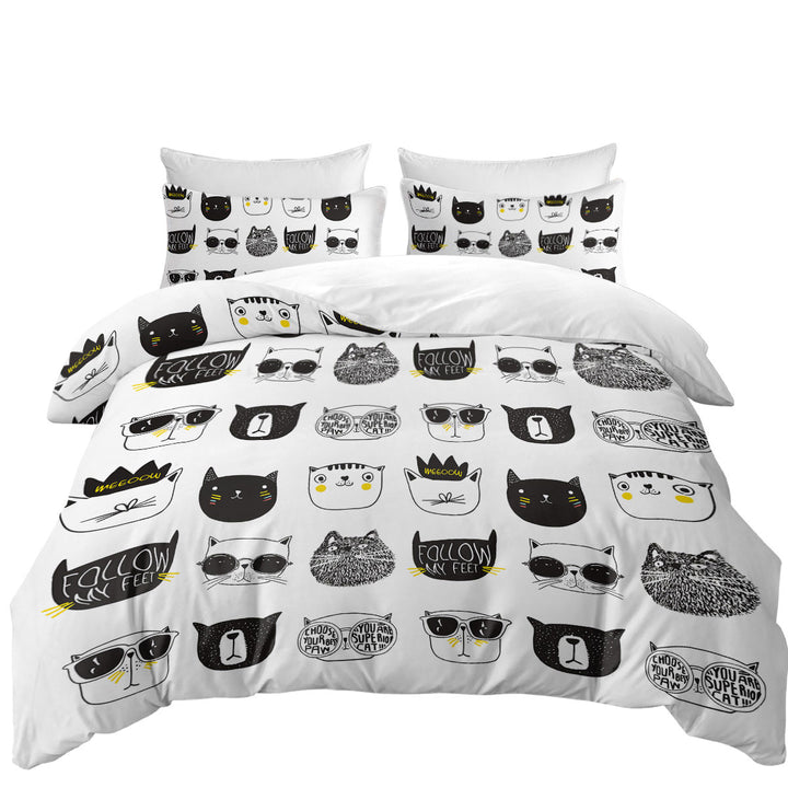 California King Duvet Cover with Cool Black and White Cat Faces
