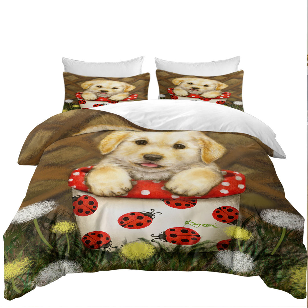 California King Duvet Cover with Cute Dog Puppy in Ladybug Flower Pot